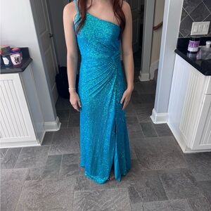 Morgan & Co. Turquoise One-Shoulder Dress